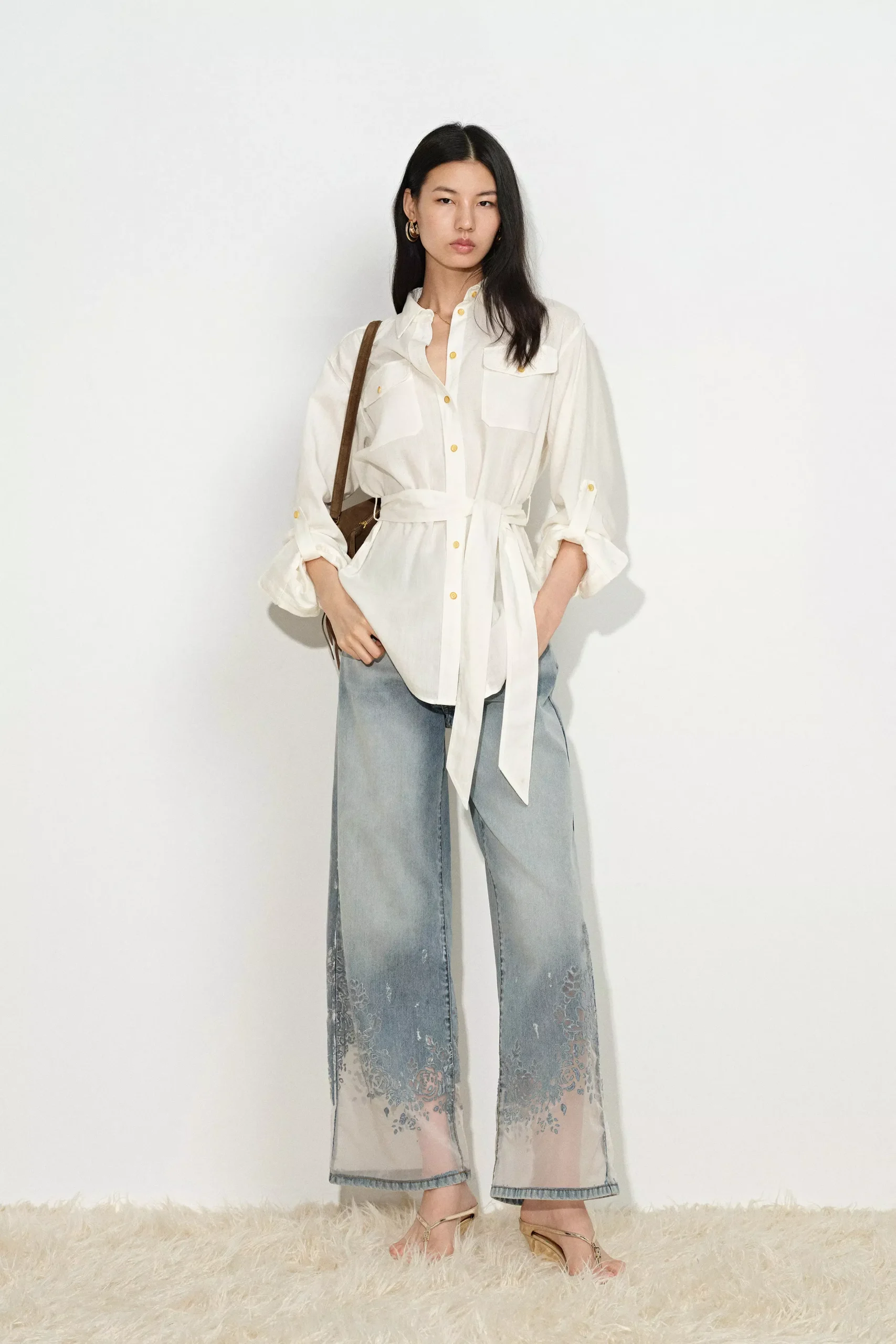 Faye White Belted Roll Tab Sleeves Safari Blouse