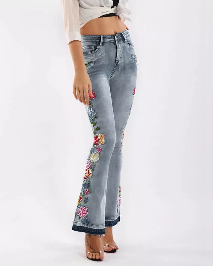 Floral embellished flare light blue jeans