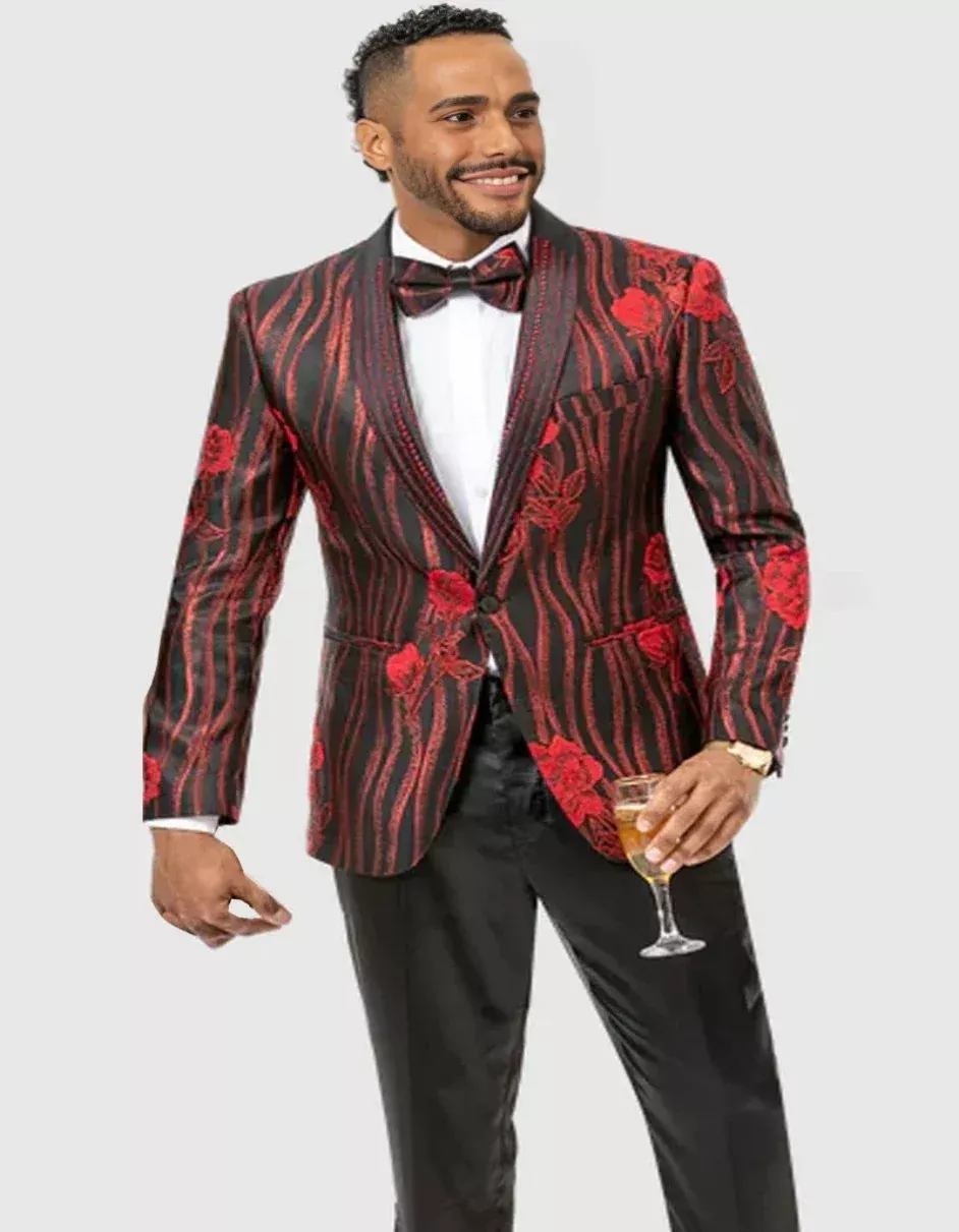 "FLORAL & WAVE PATTERN MEN'S PROM2026 TUXEDO - MODERN BLACK & RED DESIGN"
