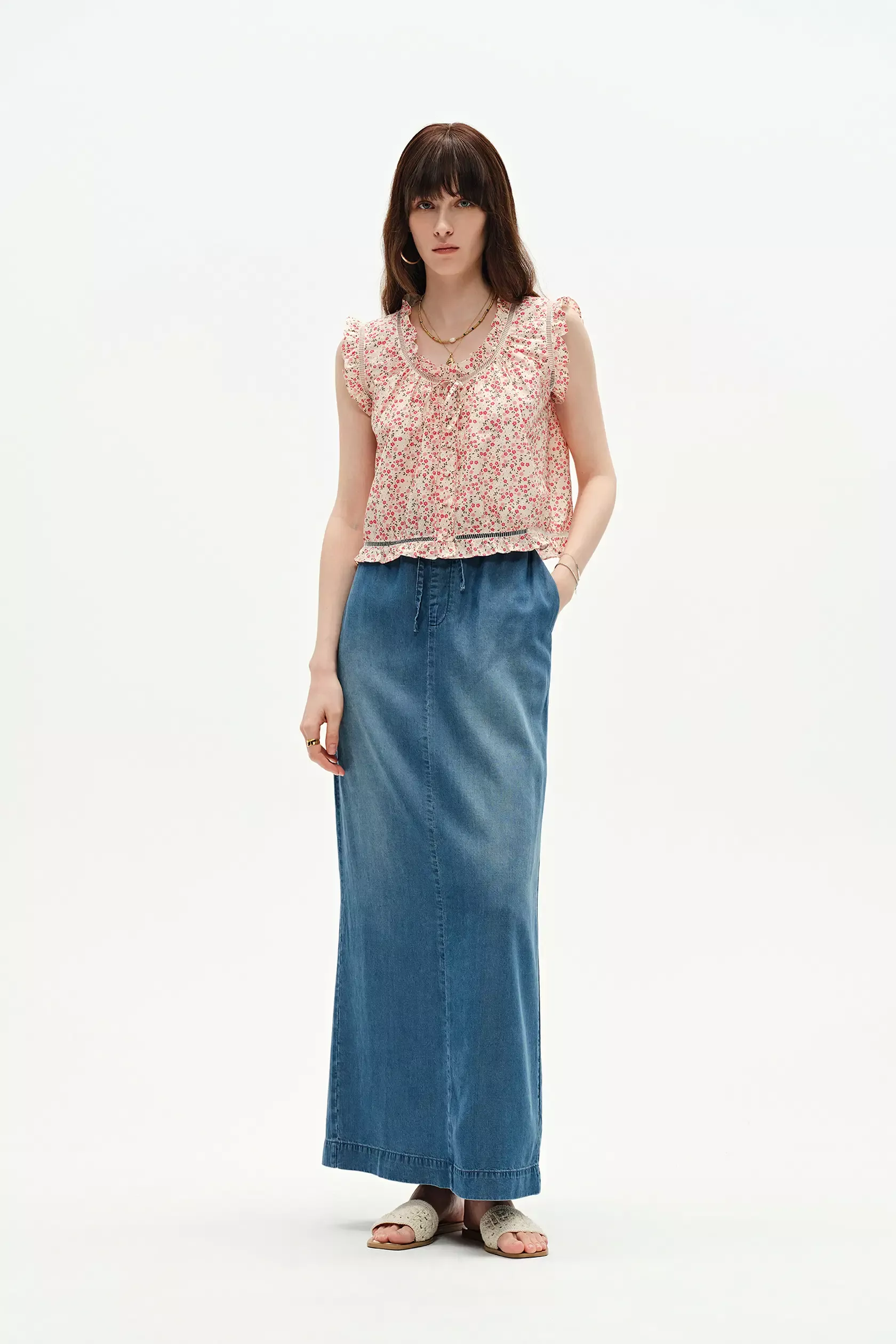 Floris Ruffled Floral Sleeveless Top in Silk-Cotton