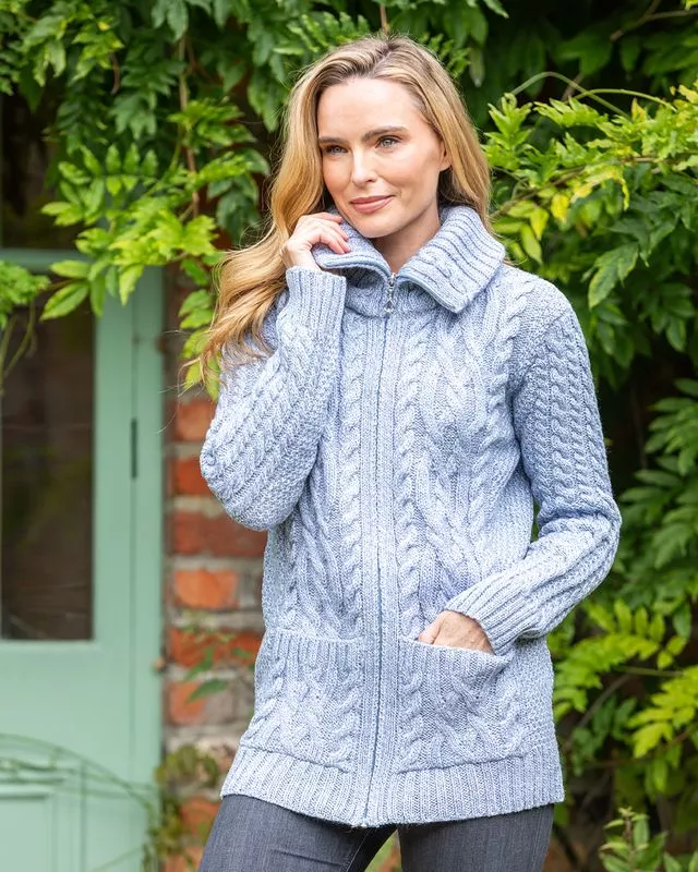 Full Zip Aran Sweater Sky Blue