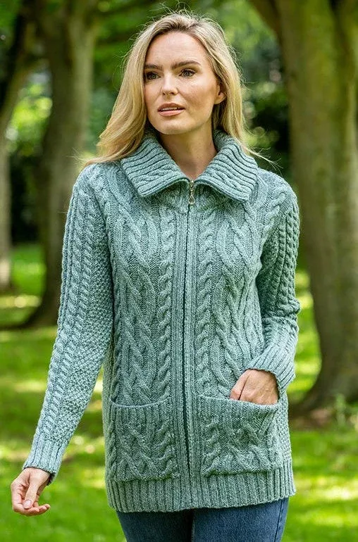 Full Zip Fitted Aran Cardigan Aqua