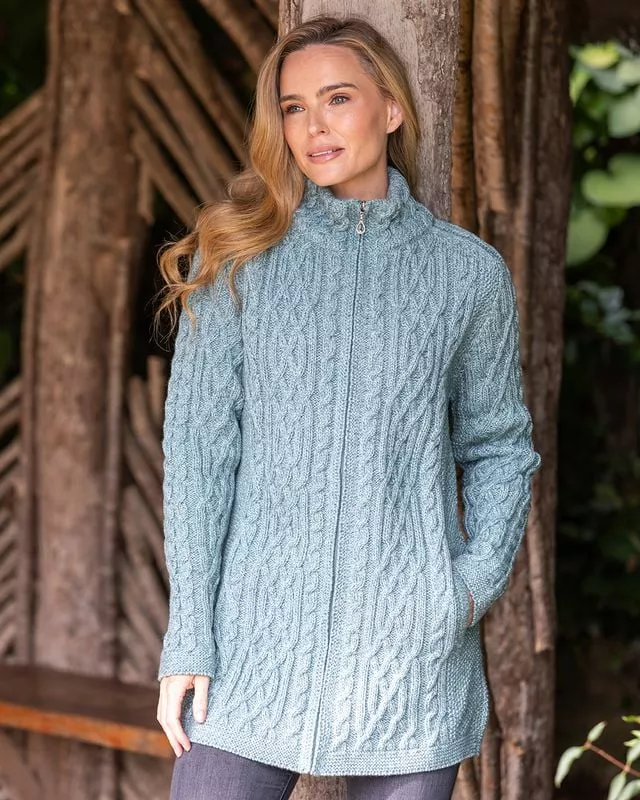 Full Zip Long Aran Cardigan Aqua