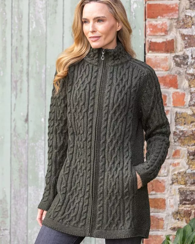 Full Zip Long Aran Cardigan Army