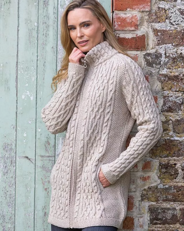 Full Zip Long Aran Cardigan Camel