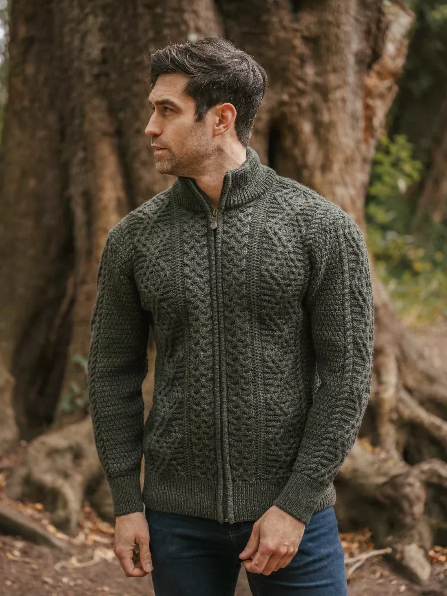 Full Zip Mens Aran Cardigan - Army Green