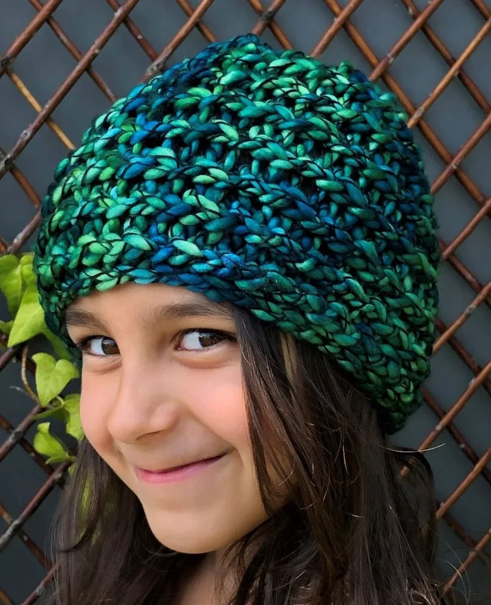 Girls Handmade Ribbed hat - teal mix