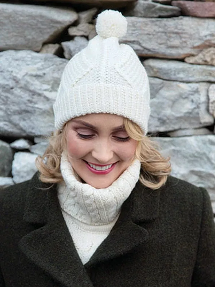 Hand Knit Aran Hat with bobble Natural S167