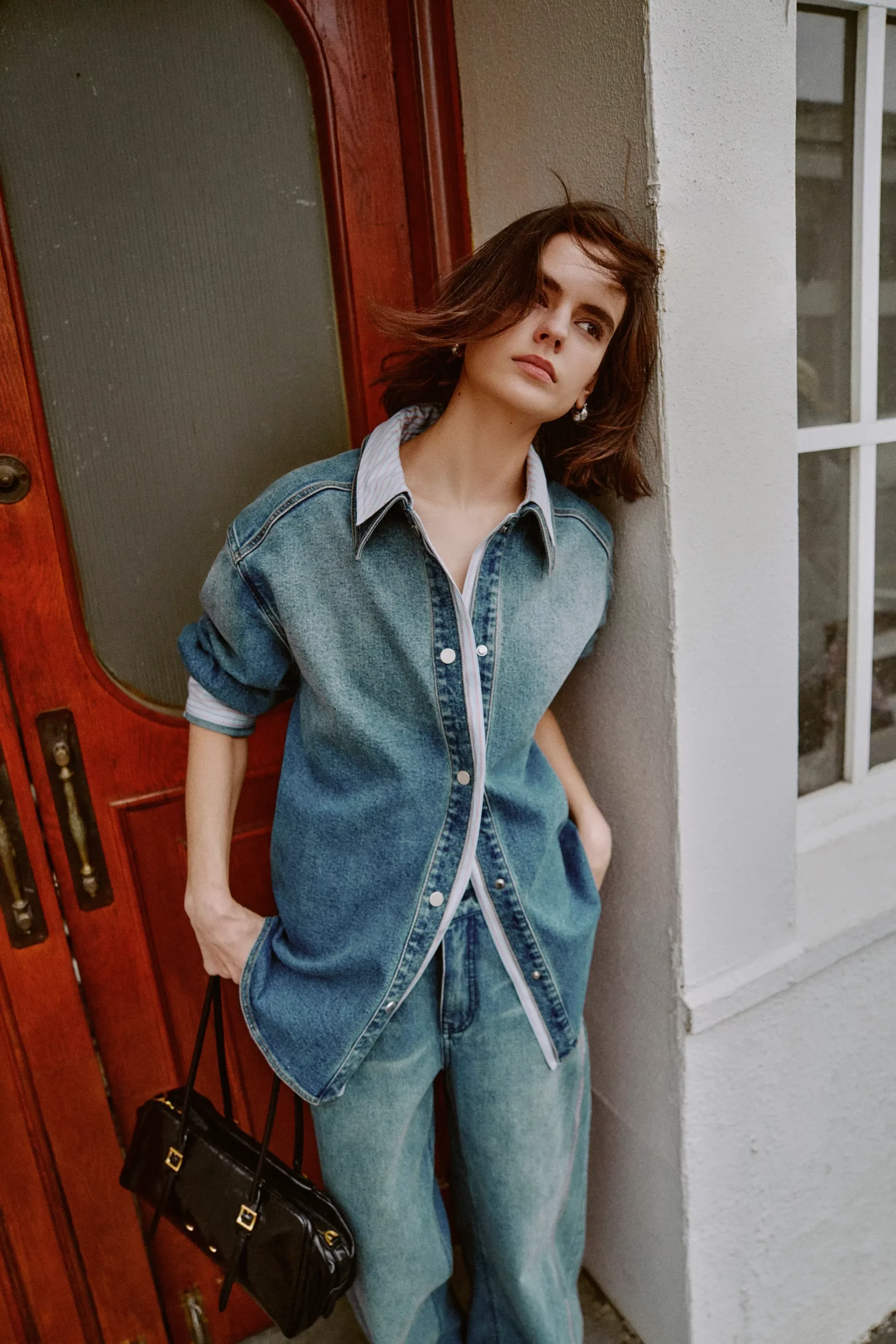 Harlow Striped Contrast Patchwork Shirt in Cotton Denim