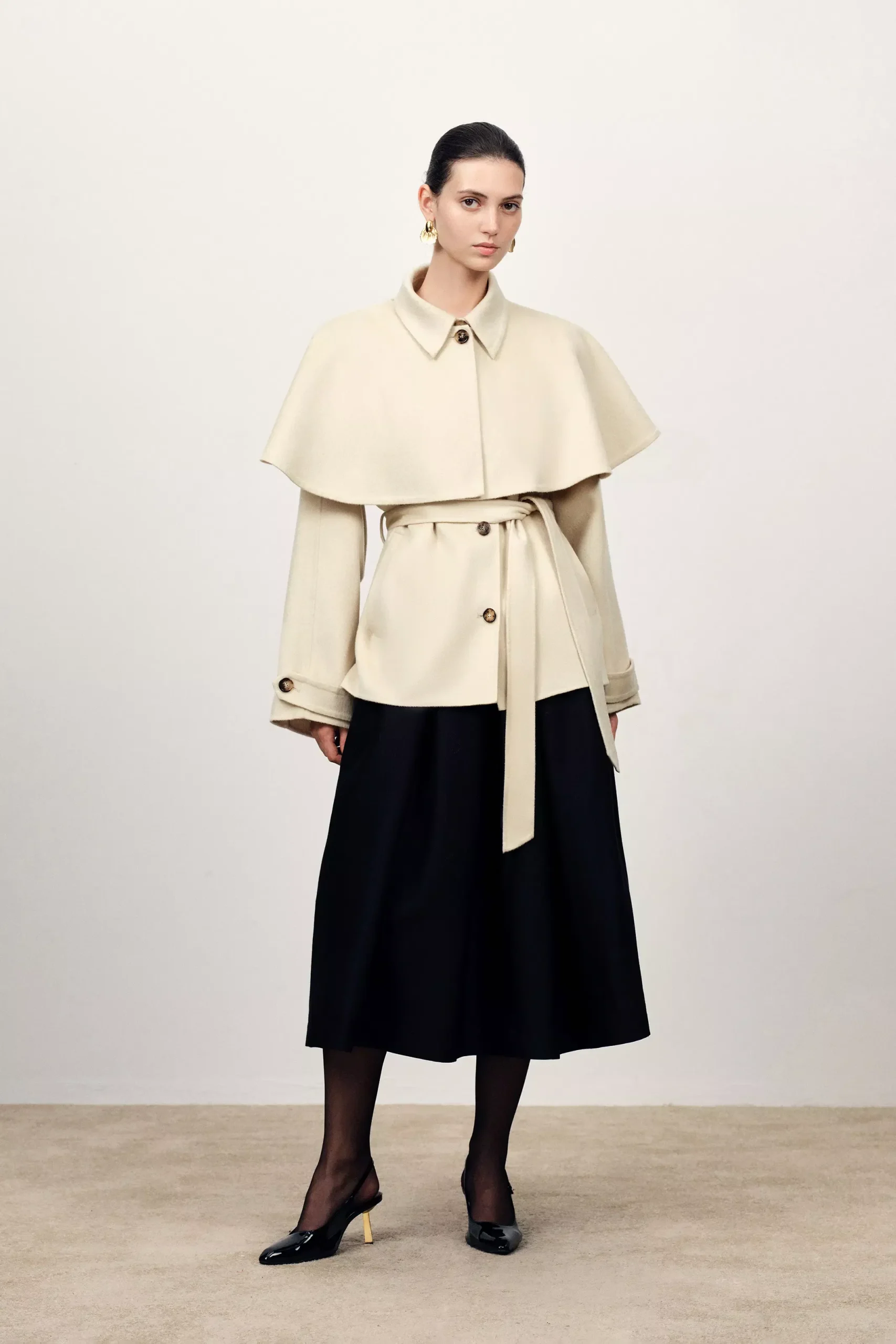 Harmony Detachable Cape Shearling Short Coat in Merino Wool