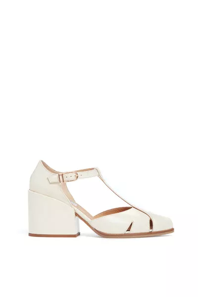 Hawes T-Strap Block Heel Pump in Cream Leather