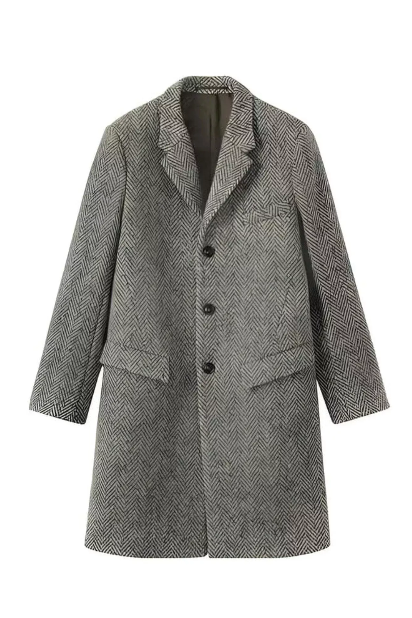 Herringbone Tweed Wool Gray ~ Grey Top Coat ~ Overcoat Three Button - Mens Topcoat