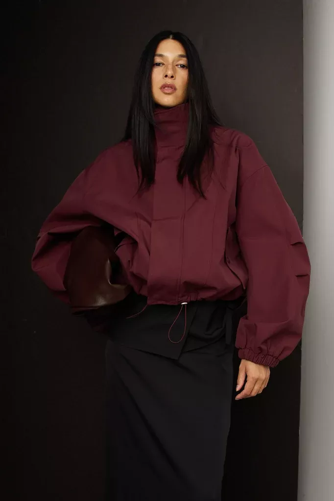 HIGH FUNNEL NECK CROPPED DRAWSTRING JACKET