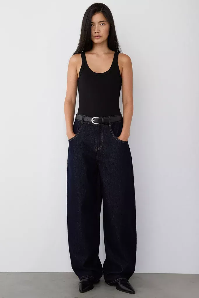 HIGH RISE BARREL LEG DARK BLUE WASH JEAN
