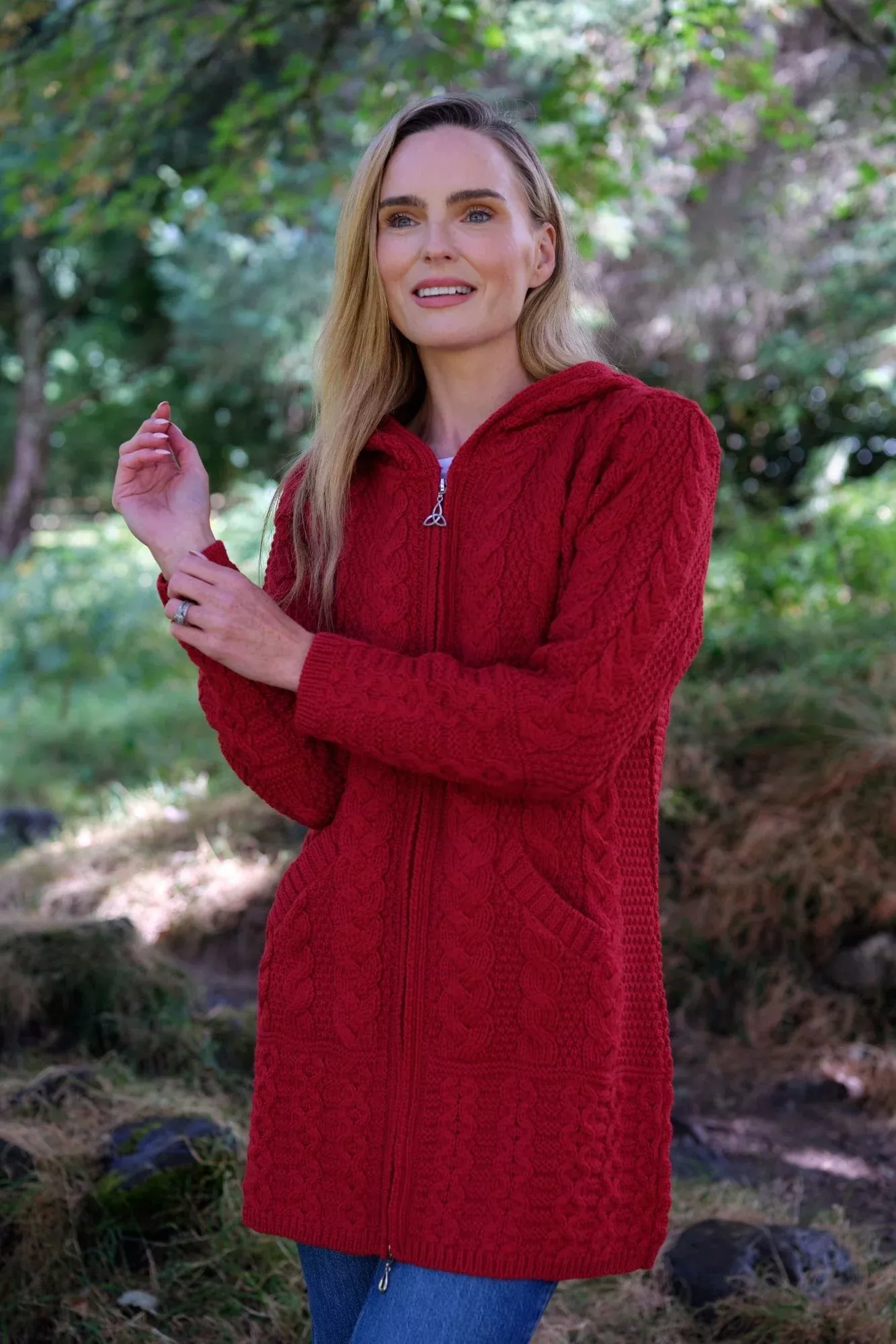 Hooded Coat with Celtic Knot Zipper Cherry