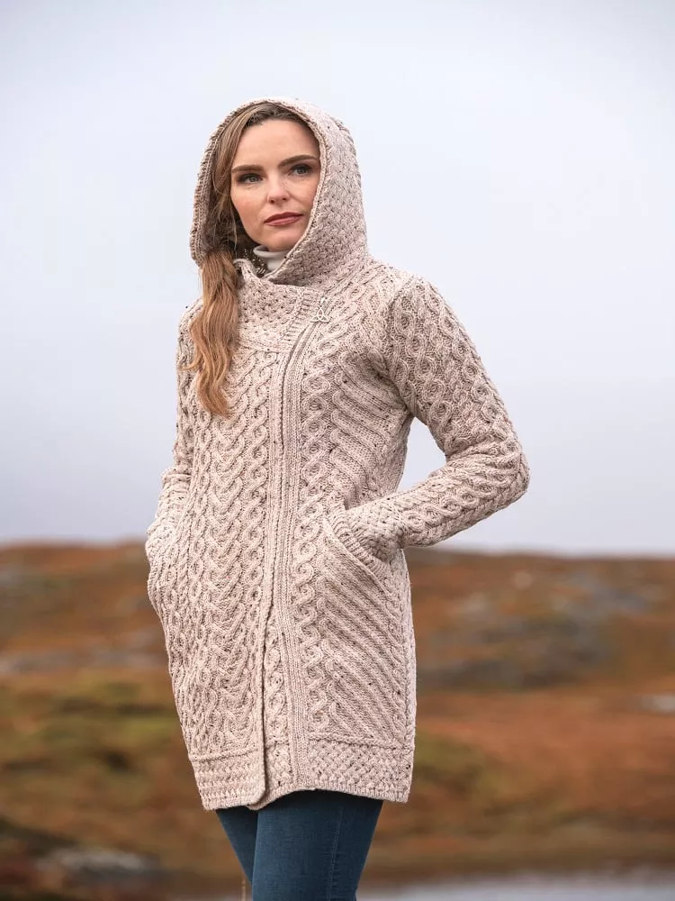 Hooded Merino Wool Coat with Zip Oatmeal