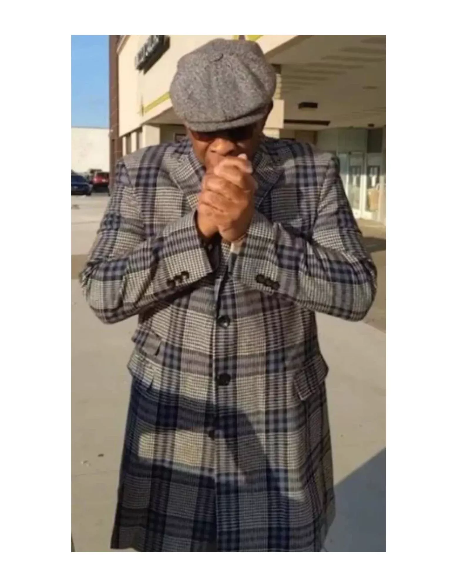 Houndstooth Overcoat - Gray and Black Checker With Blue Plaid Pattern Coat - Wool Fabric Topcoat