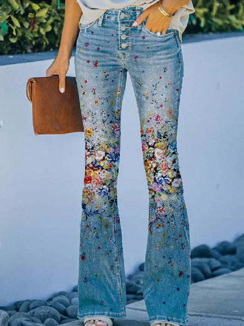 Imitation Jeans Floral Print Thin Casual Pants