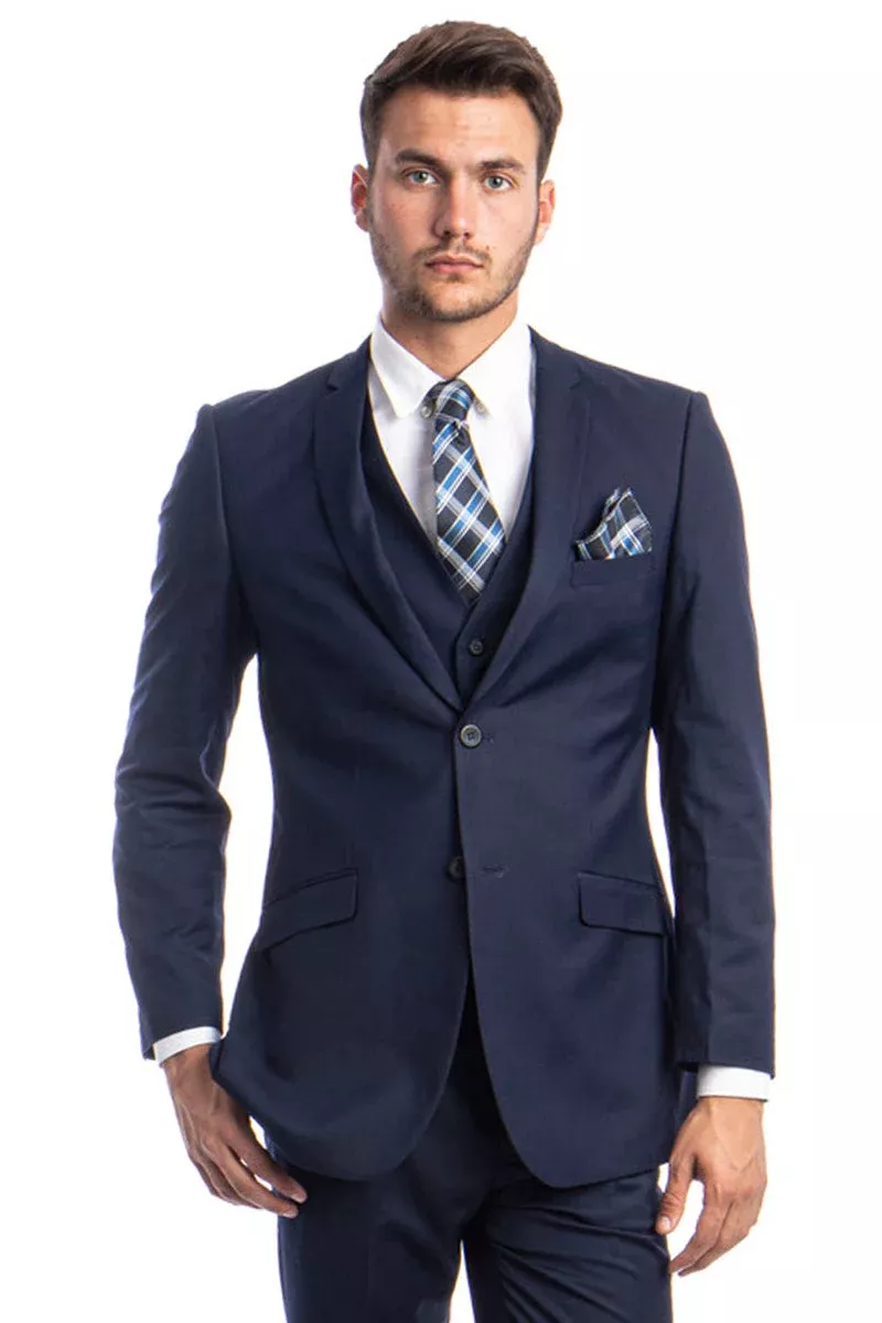 "Indigo Navy Men's Slim Fit Wedding Suit - Two Button Basic Vested" blue