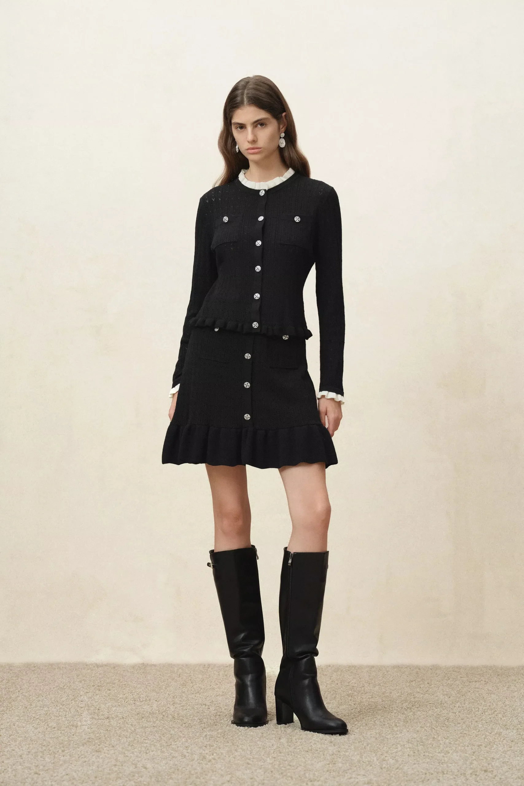 Irene Scalloped Crochet Openwork Cardigan in Wool Blend