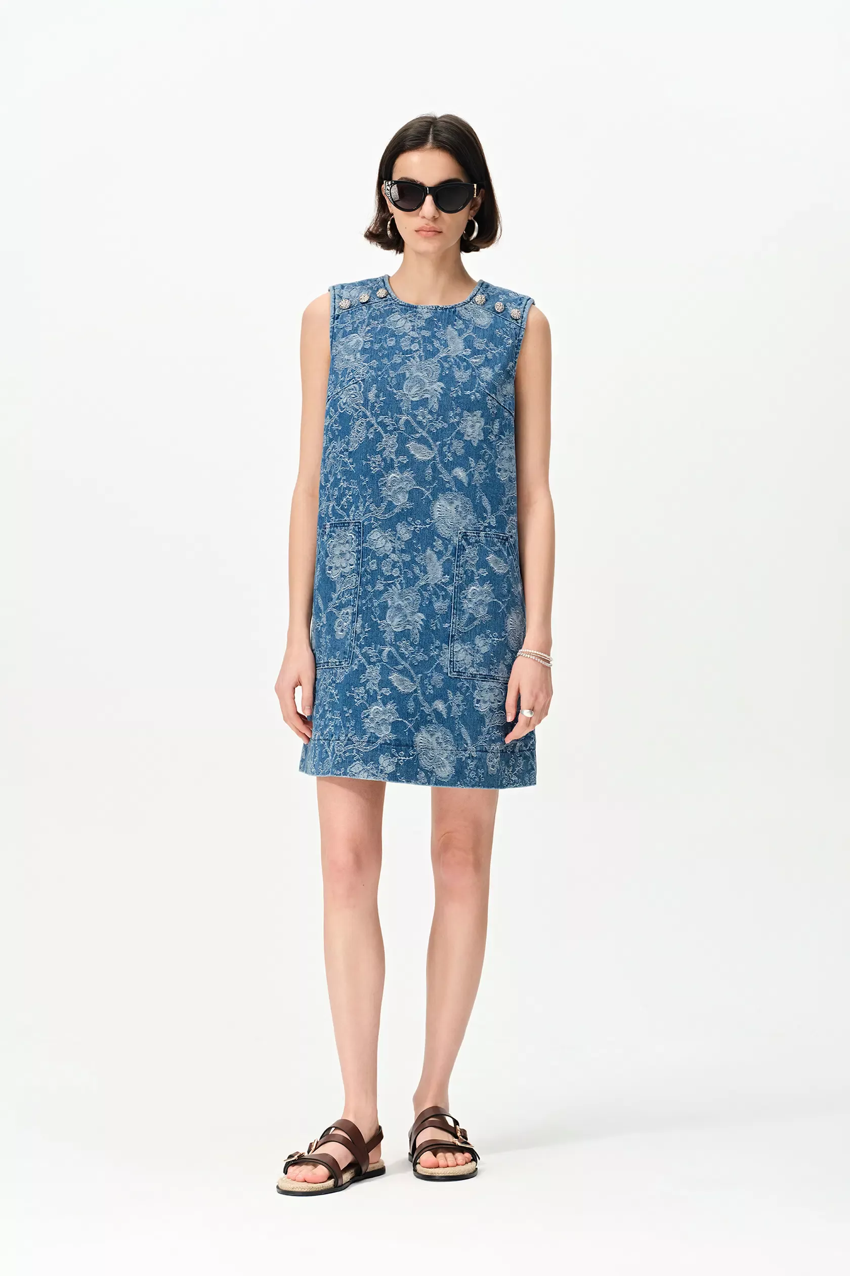 Iris Flora Laserwork Round Neck Short Dress in Cotton Denim