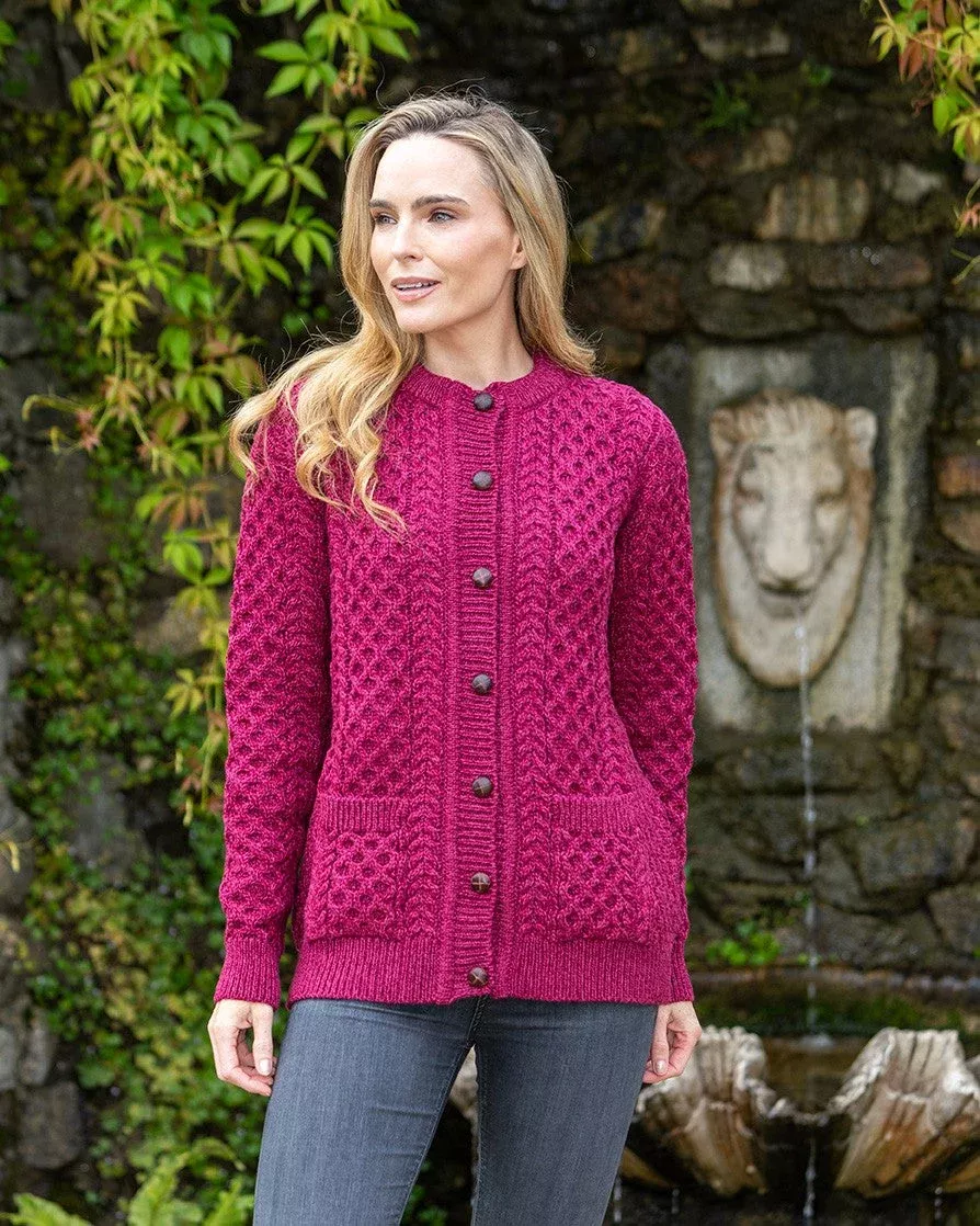 Irish Aran Cardigan Raspberry Marl