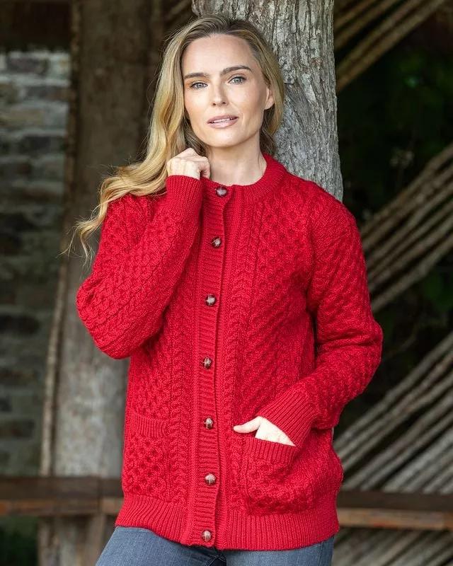 Irish Aran Cardigan Red
