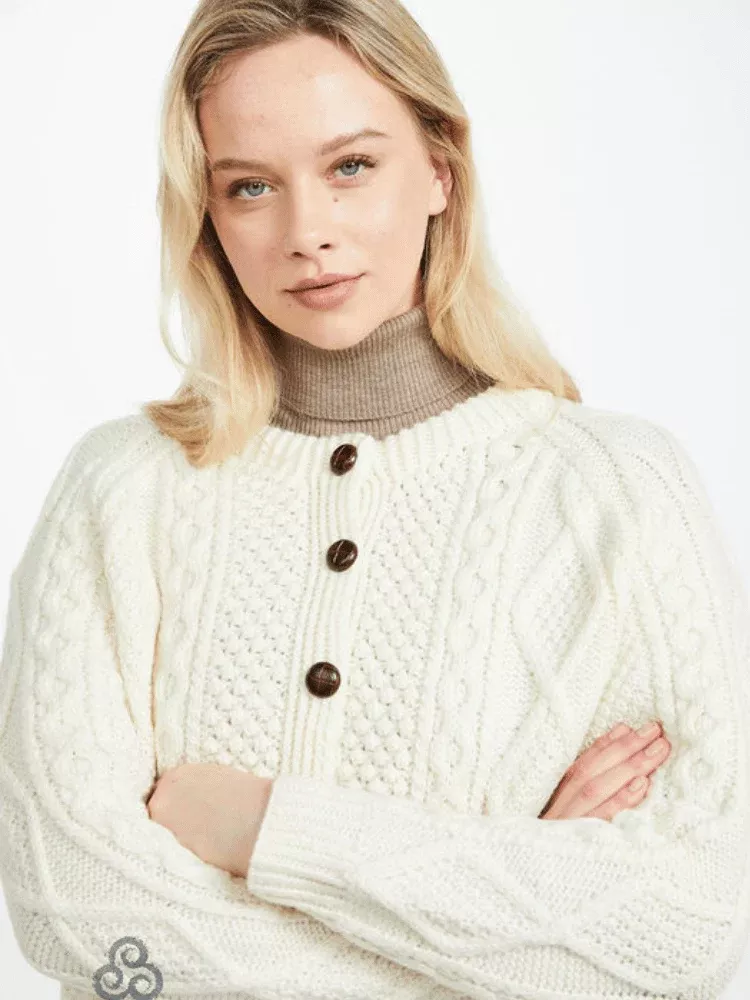 Irish Aran Handknit Lumber Cardigan Natural