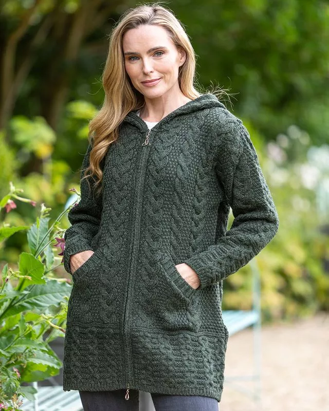 Irish Aran Hooded Coat Army Green