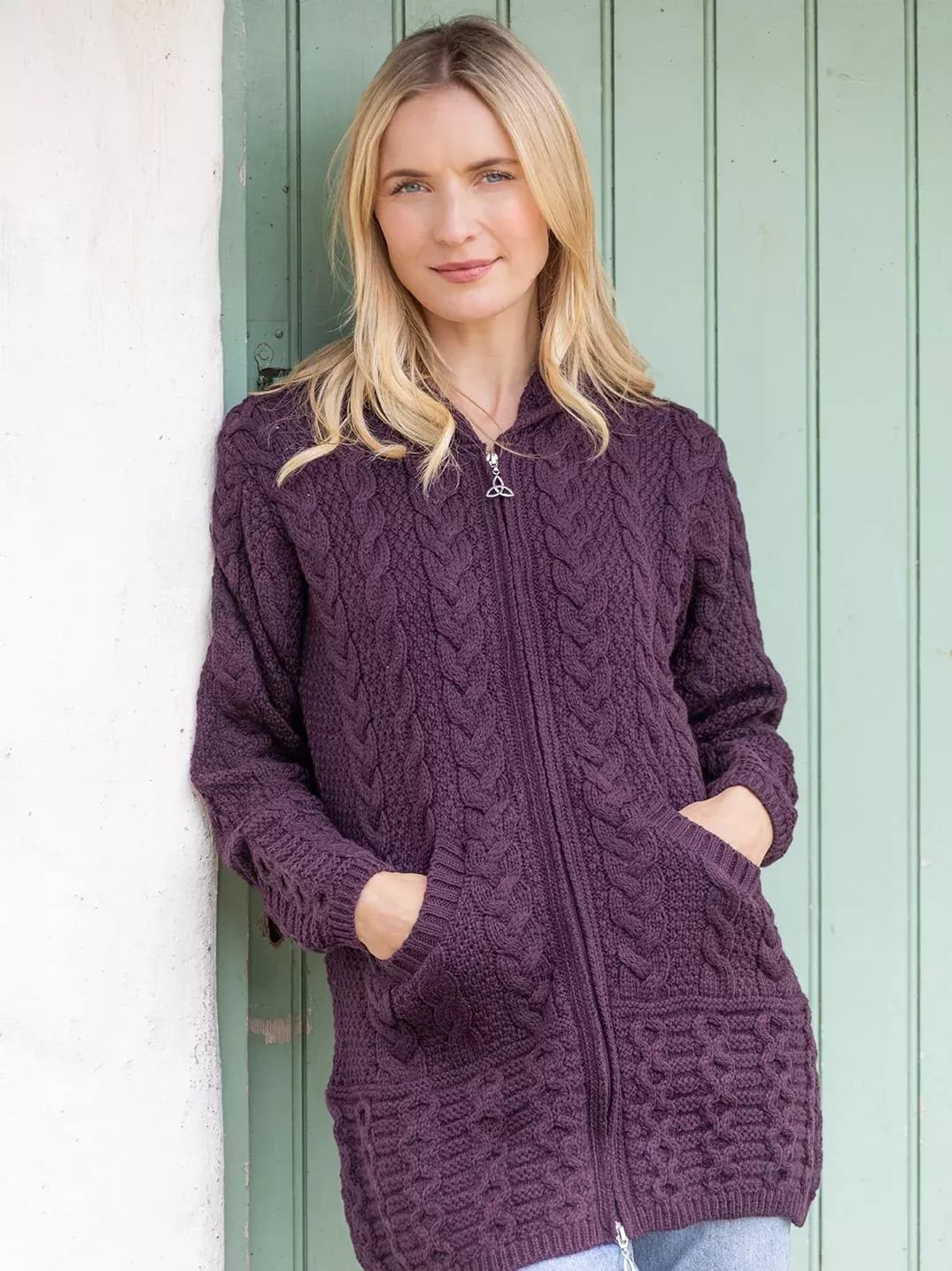 Irish Aran Hooded Coat Damson