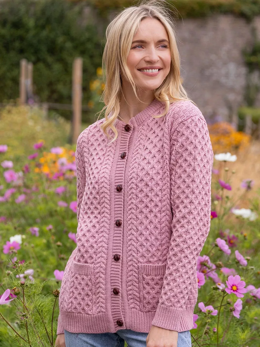 Irish Aran Lumber Cardigan Rose 1505
