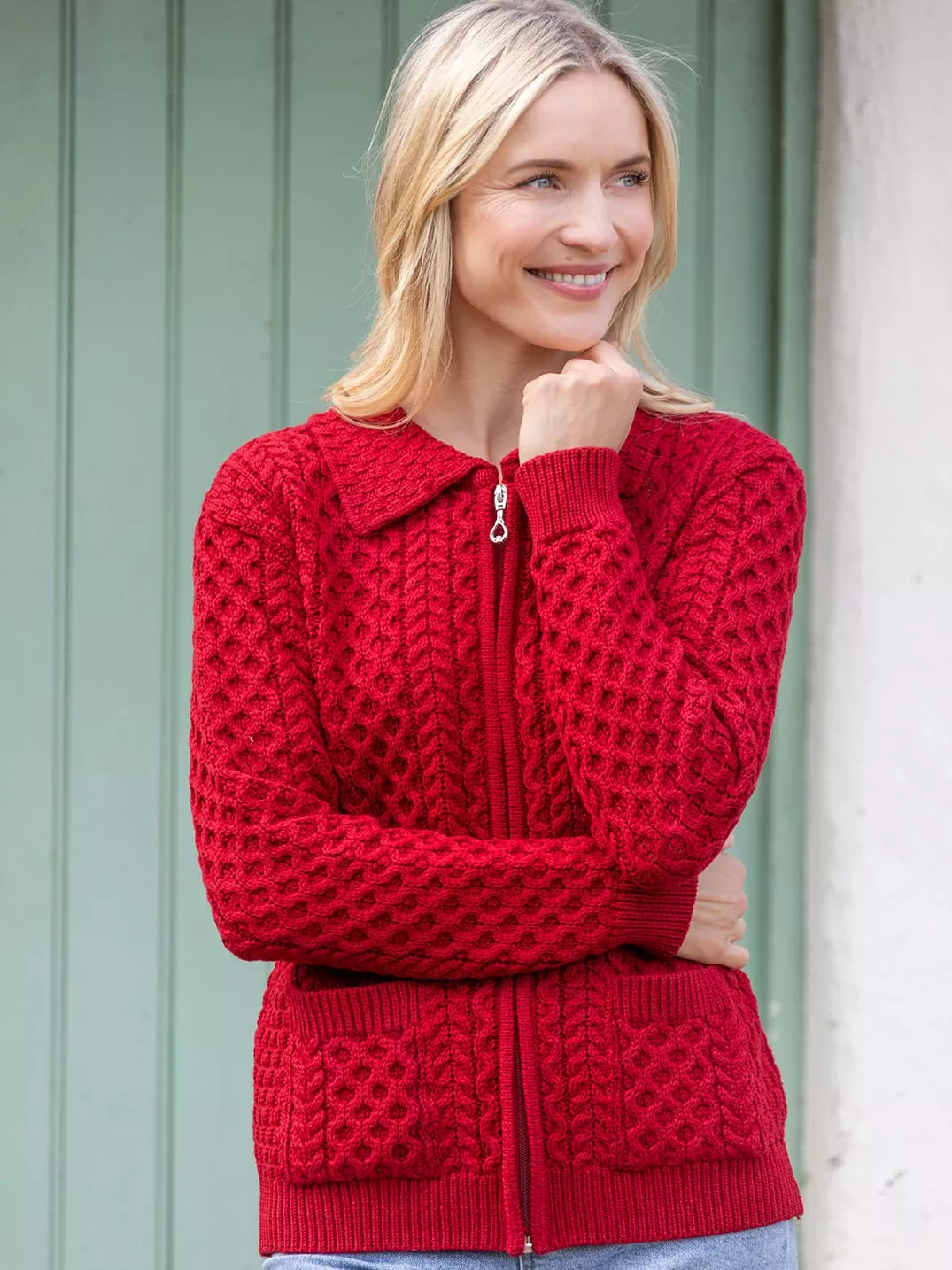 Irish Aran Zip Cardigan with Collar - Red
