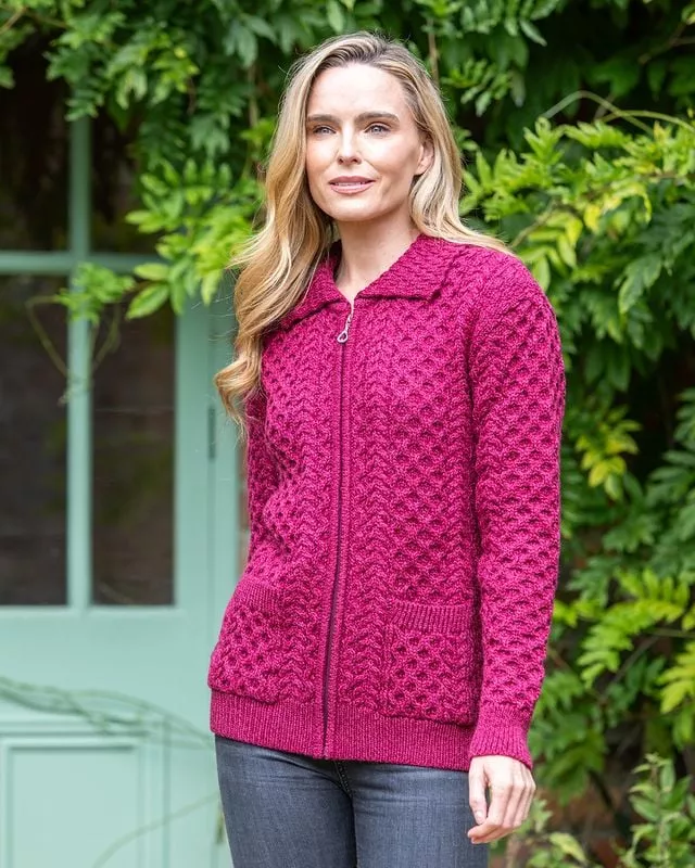 Irish Aran Zip with Collar Raspberry