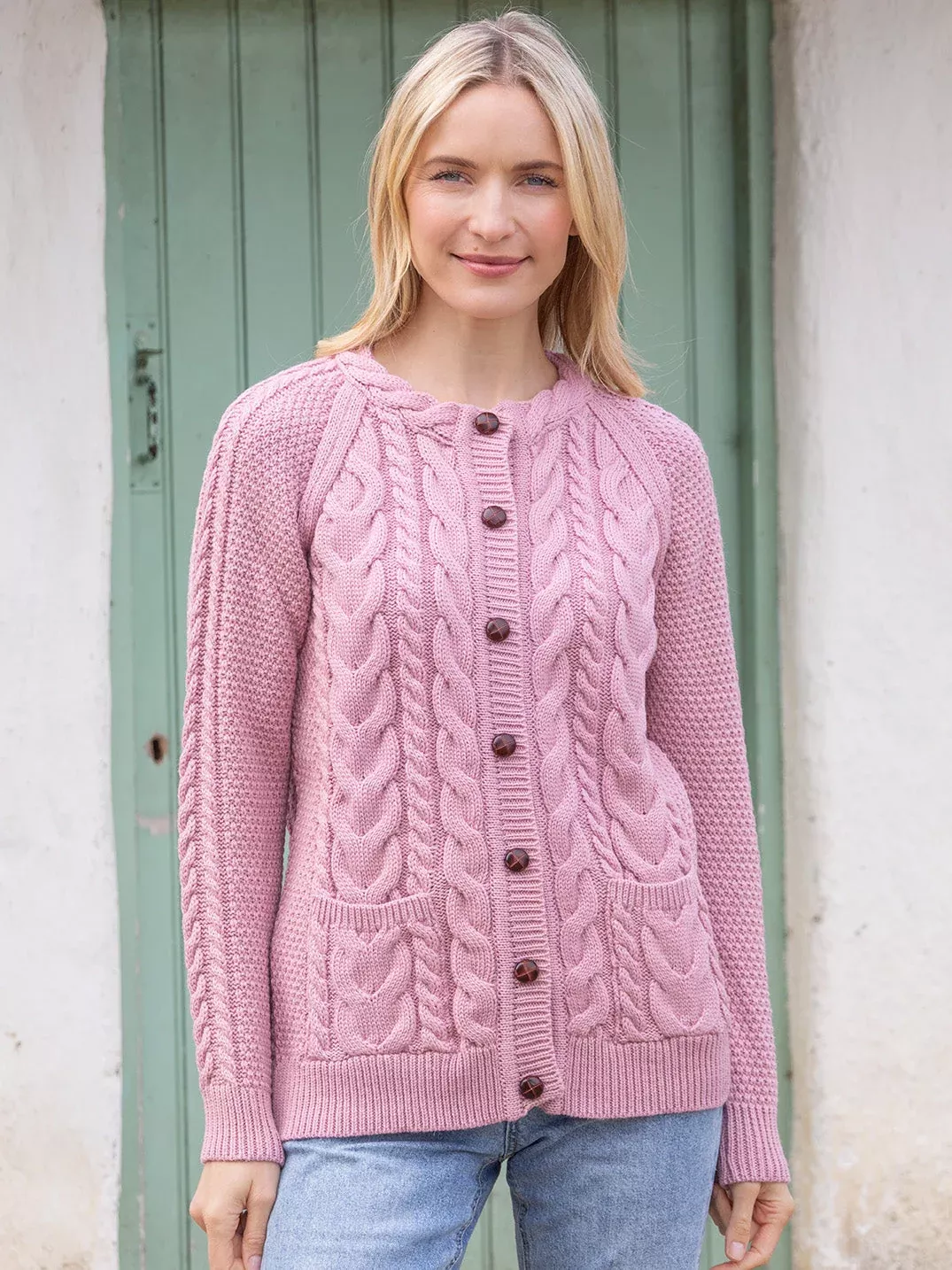 Irish Super Soft Aran Cardigan Rose