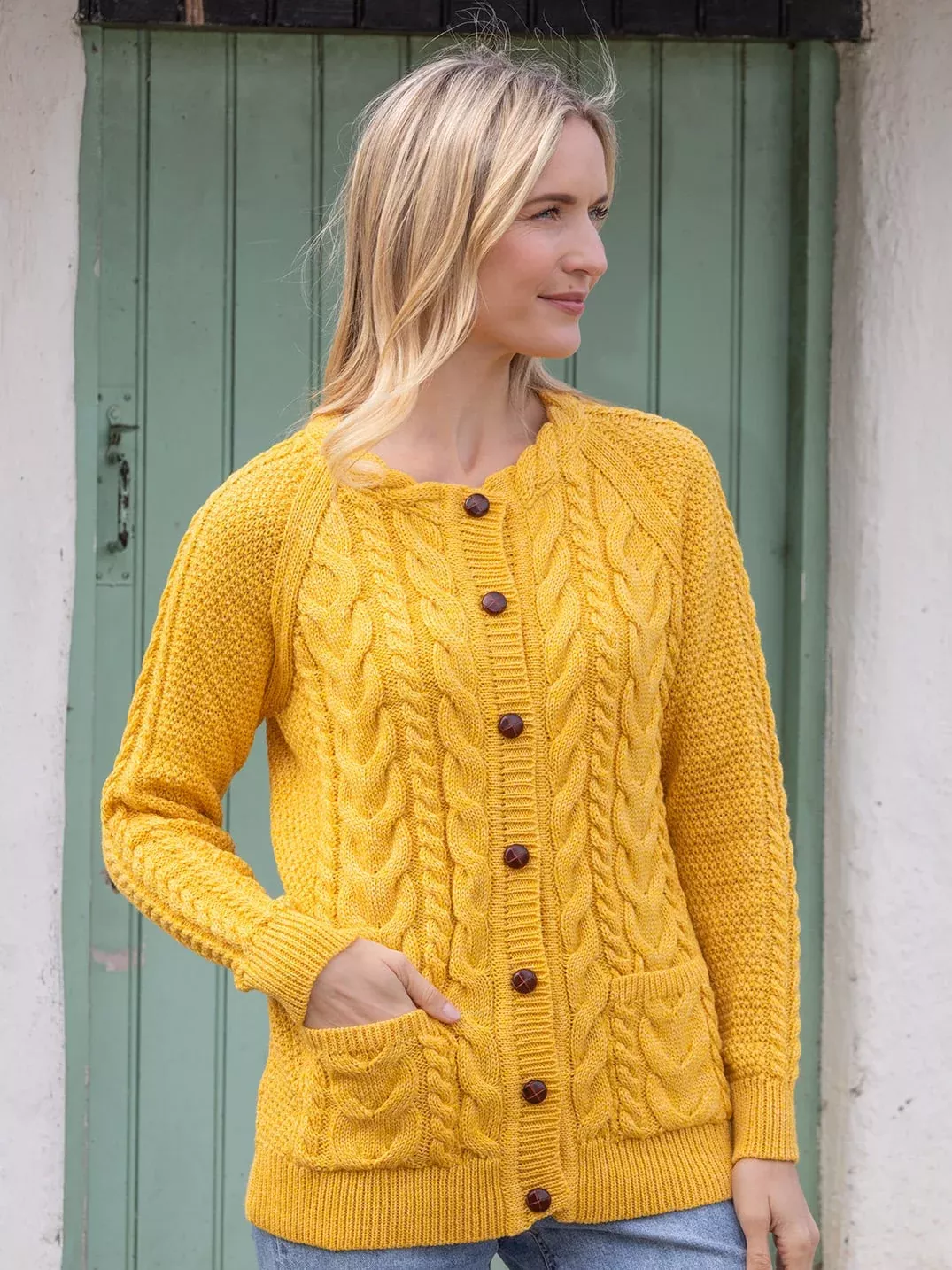 Irish Supersoft Aran Cardigan Yellow