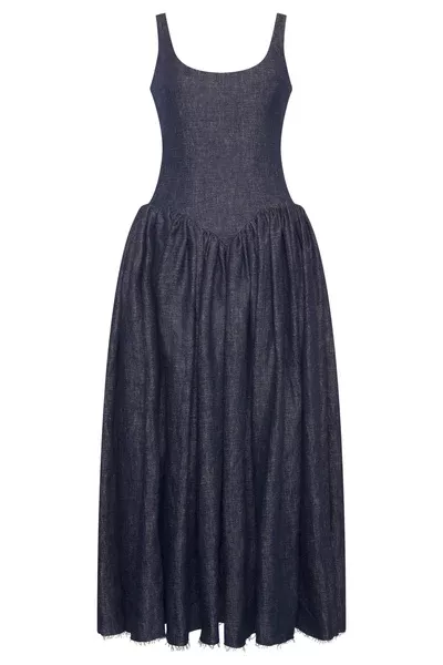 Isai Maxi Dress in Stone Washed Linen Denim