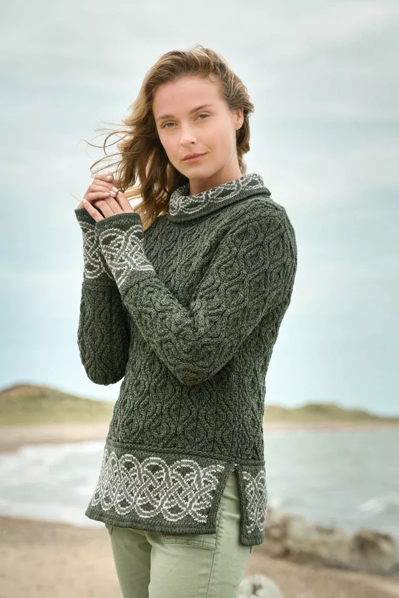 Jacquard Cowl Neck Irish Sweater Army