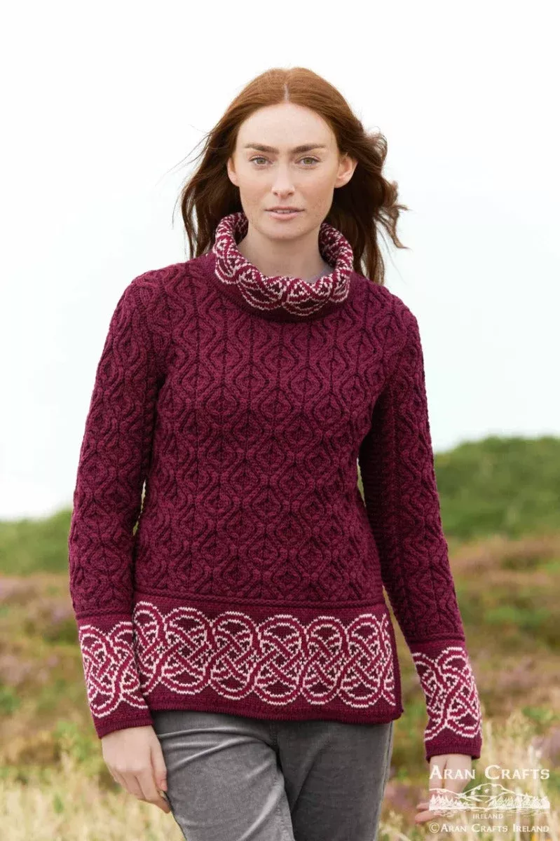 Jacquard Cowl Neck Irish Sweater Wine