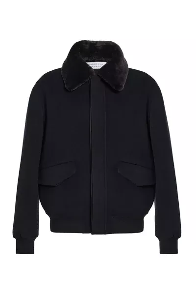 James Bomber Jacket in Black Double-face Recycled Cashmere with Shearling Collar