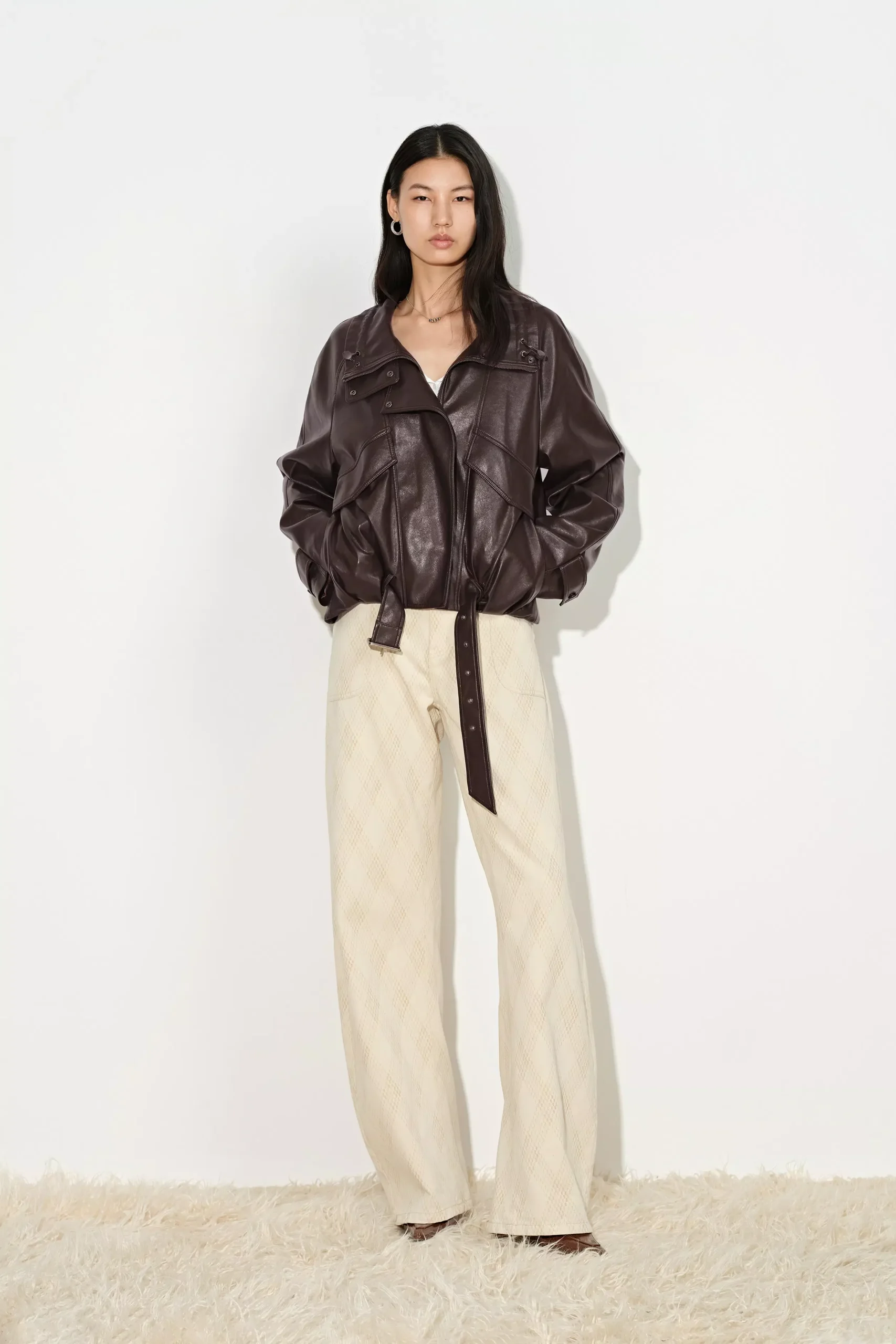 Juno Belted Stand Collar Bubble Jacket in Vegan Leather