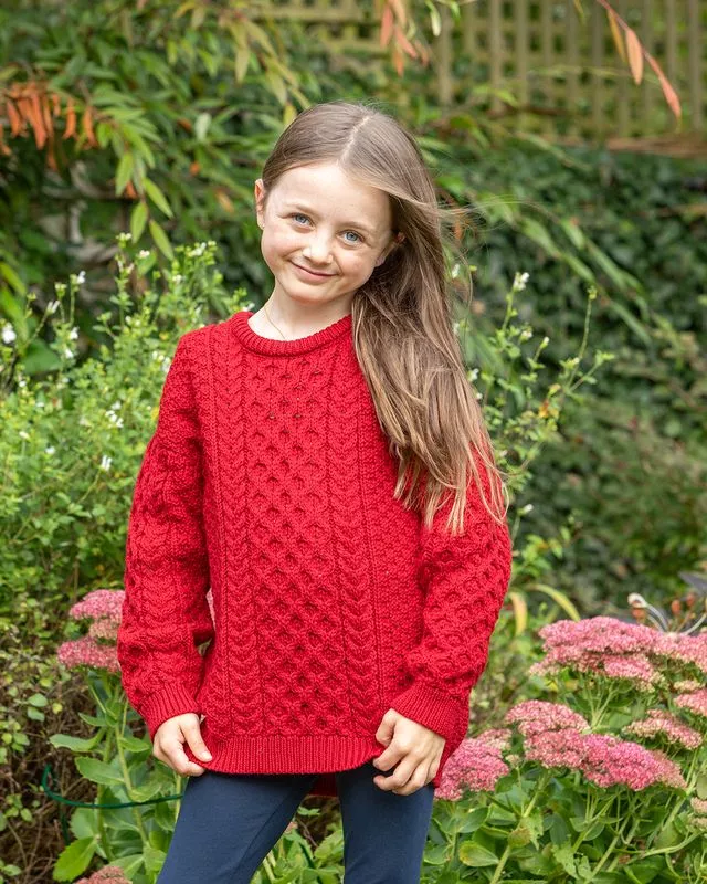 Kids Aran Sweater Merino Wool - Red