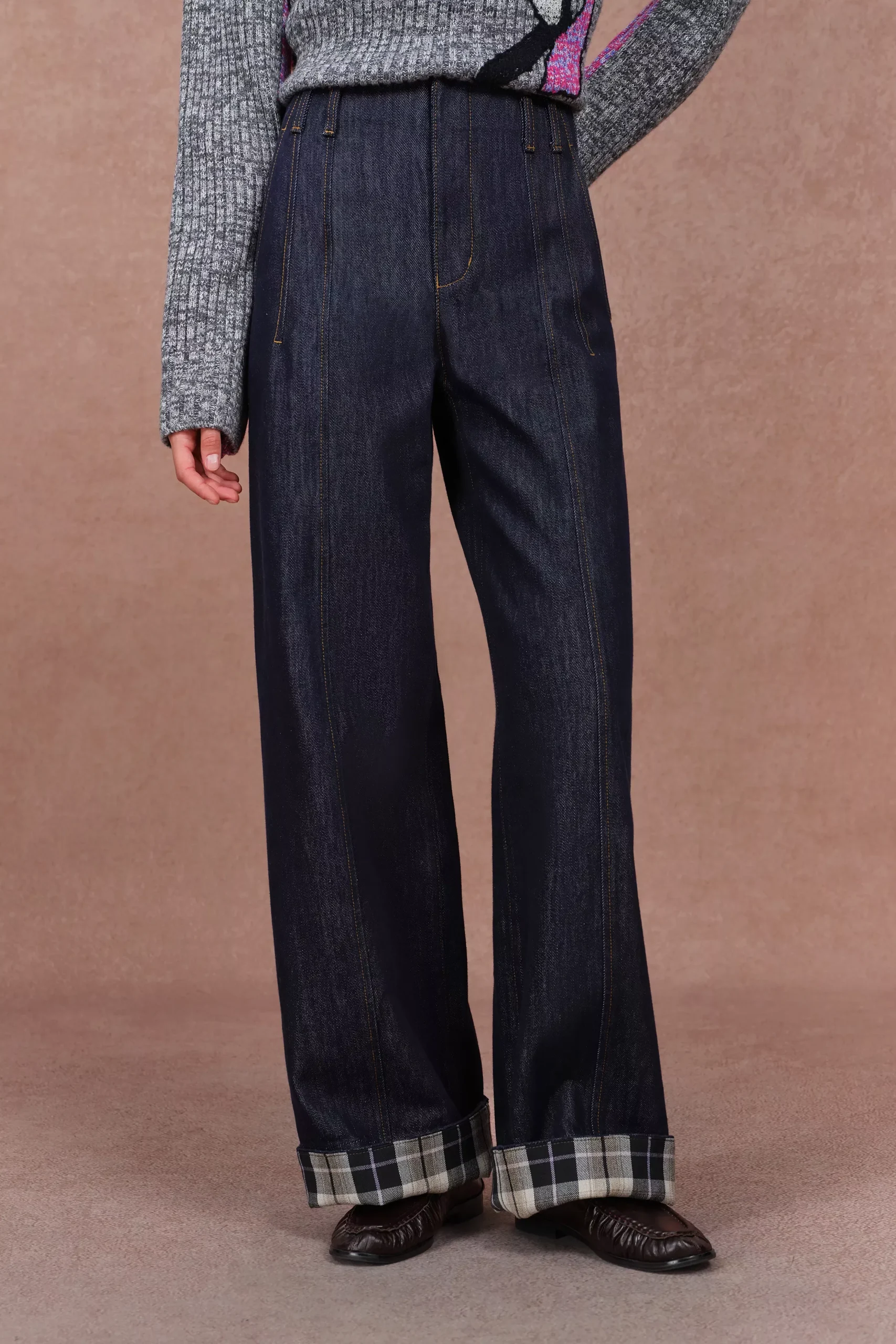 Léa Cuffed Contrast Plaid Denim Jeans in Raw Denim
