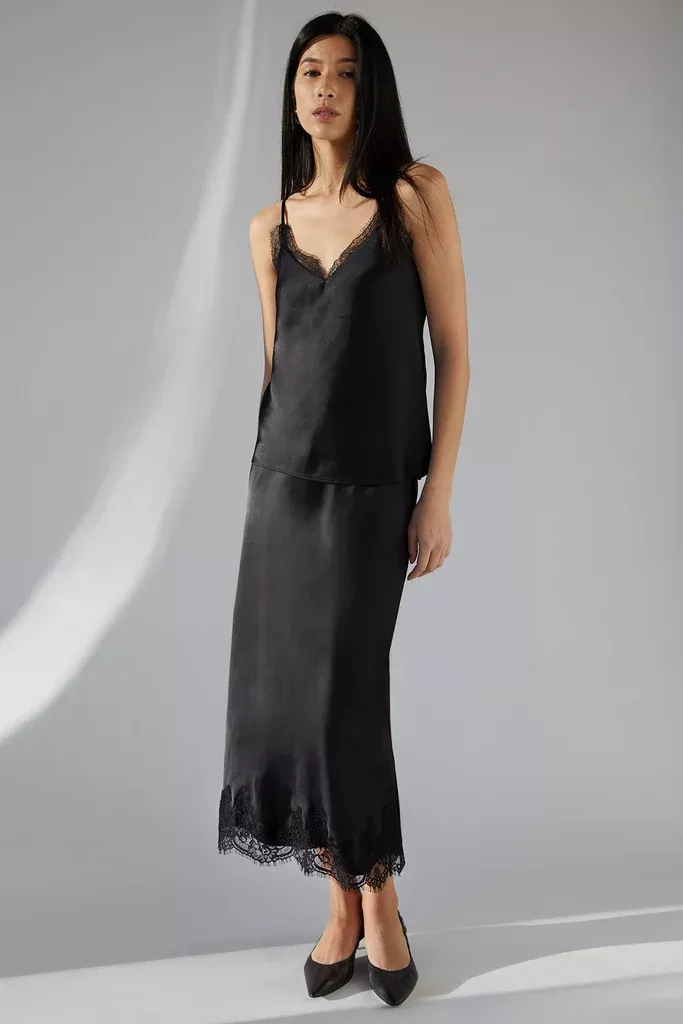 LACE TRIM SATIN MIDI SKIRT
