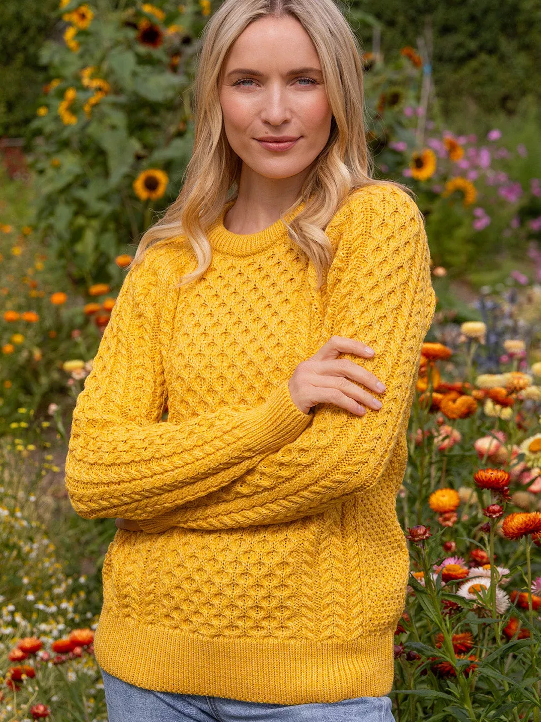 Ladies 100% Merino Wool Aran Sweater Sunshine