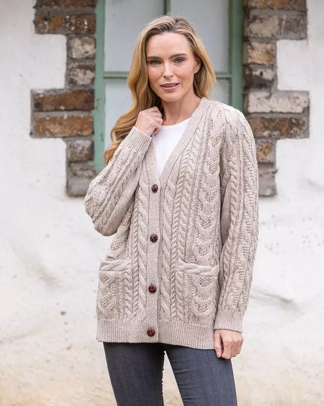 Ladies Aran Boyfriend Cardigan Camel
