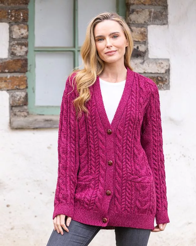 Ladies Aran Boyfriend Cardigan Raspberry