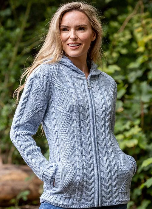 Ladies Aran Hooded Cardigan With Claddagh Zip E1725