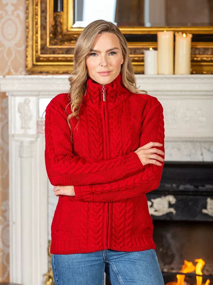 Ladies Aran Turtleneck Zip Cardigan Red
