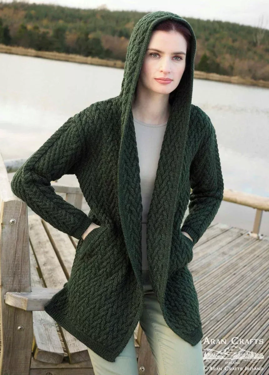 Ladies Herringbone Shawl Collar Hooded Coat Army