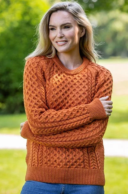Ladies Merino Wool Aran Sweater - Terracotta